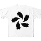 『NG （Niche・Gate）』ニッチゲート-- IN SUZURIの動物家紋。H.T.（変わり散り桜５ネコ）黒 All-Over Print T-Shirt