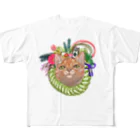 MOMODAMONのしめ縄猫 フルグラフィックTシャツ