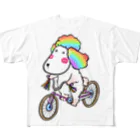 PoodleGag -  面白いプードルの自転車に乗ったレインボープードル犬 フルグラフィックTシャツ