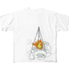 Curious Cats Campingの猫と焚き火 黒線 フルグラフィックTシャツ