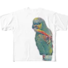 ■マネっぴ■の抜けた尾羽で遊ぶ鳥、キソデボウシインコ フルグラフィックTシャツ
