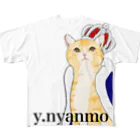 y.nyanmo やよにゃんもの王冠猫　ビッグT 白 フルグラフィックTシャツ