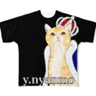 y.nyanmo やよにゃんもの王冠猫　ビッグTシャツ　黒猫 フルグラフィックTシャツ