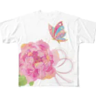 ヒフミヨイの牡丹に蝶+色水引 フルグラフィックTシャツ