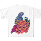 愉快なインコ達のヨウムと花 All-Over Print T-Shirt