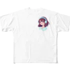 もふもふのイヤフォン少女とストライプ All-Over Print T-Shirt