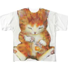 おおかみのしっぽの猫の手もかりるよ。卵をわる子猫 フルグラフィックTシャツ