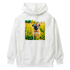 犬好きのしましまの水彩画の犬 花畑のパグのイラスト Heavyweight Hoodie