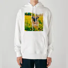 犬好きのしましまの水彩画の犬 花畑のパグのイラスト Heavyweight Hoodie