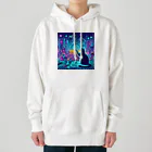 ニャーちゃんショップのサイバー都市でホログラフィックな街並みを楽しむネコ Heavyweight Hoodie