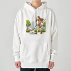 南国のかわいい犬と散歩をする女性 Heavyweight Hoodie