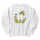 やちよ｜リアル鳥イラストの鶺鴒さんとミモザのリース（枝なし） Heavyweight Crew Neck Sweatshirt