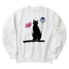 幸運のしっぽの黒猫と花 Heavyweight Crew Neck Sweatshirt