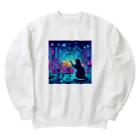 ニャーちゃんショップのサイバー都市でホログラフィックな街並みを楽しむネコ Heavyweight Crew Neck Sweatshirt