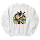 猫と紡ぐ物語のリズム感抜群！長身な白シャムネコがビーチでランバダダンス！  Heavyweight Crew Neck Sweatshirt