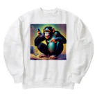 orihata-youのスマホを楽しむチンパンジー Heavyweight Crew Neck Sweatshirt