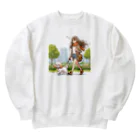 南国のかわいい犬と散歩をする女性 Heavyweight Crew Neck Sweatshirt