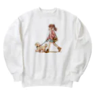 南国のかわいい犬と散歩をする女性 Heavyweight Crew Neck Sweatshirt