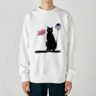 幸運のしっぽの黒猫と花 Heavyweight Crew Neck Sweatshirt