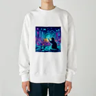 ニャーちゃんショップのサイバー都市でホログラフィックな街並みを楽しむネコ Heavyweight Crew Neck Sweatshirt