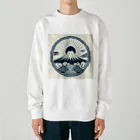 Cool Japanese CultureのMinimalist Traditional Japanese Motif Featuring Mount Fuji and Seigaiha Patterns Heavyweight Crew Neck Sweatshirt