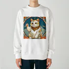 ゆまちゃんの開運雑貨屋さんの夜のミュシャ風招き猫 Heavyweight Crew Neck Sweatshirt