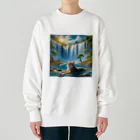 ニャーちゃんショップの大瀑布の前で涼んでいる猫 Heavyweight Crew Neck Sweatshirt