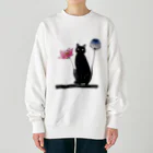 幸運のしっぽの黒猫と花 Heavyweight Crew Neck Sweatshirt