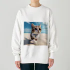 猫と紡ぐ物語の南国の海辺を歩く勇ましさに胸キュン猫 Heavyweight Crew Neck Sweatshirt