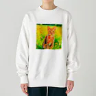 猫好きの谷の猫の水彩画/花畑のオシキャットねこのイラスト/キジトラネコ Heavyweight Crew Neck Sweatshirt