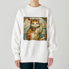 ゆまちゃんの開運雑貨屋さんのお客様を招く左手招き猫ミュシャ風 Heavyweight Crew Neck Sweatshirt