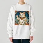 ゆまちゃんの開運雑貨屋さんの夜のミュシャ風招き猫 Heavyweight Crew Neck Sweatshirt