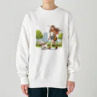 南国のかわいい犬と散歩をする女性 Heavyweight Crew Neck Sweatshirt