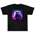 黒猫ファブリックのBlack Cat in The VaporWave World.(蒸気波世界のクロネコ) ヘビーウェイトTシャツ