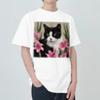 capcat1919のハチワレ白黒猫とクレマチス ヘビーウェイトTシャツ