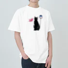 幸運のしっぽの黒猫と花 Heavyweight T-Shirt