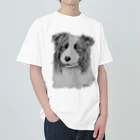 greetenのボーダーコリー　アート犬モノクロ ヘビーウェイトTシャツ