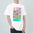 yutu00(ゆつぜろぜろ)の水面と花畑 ヘビーウェイトTシャツ