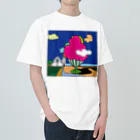 Blupiggの幸せの丘ピンクの木 ヘビーウェイトTシャツ