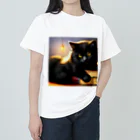 ねこノートの黒猫まるまり寝 ヘビーウェイトTシャツ