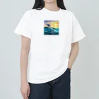 itacyoko(AIイラスト屋)の夕暮れで飛ぶイルカ ヘビーウェイトTシャツ