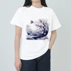 raio-nの白背景の和風夜景 - 月と梅と鶴 ヘビーウェイトTシャツ