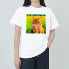 猫好きの谷の猫の水彩画/花畑のサイベリアンねこのイラスト/キジトラネコ Heavyweight T-Shirt