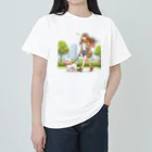 南国のかわいい犬と散歩をする女性 ヘビーウェイトTシャツ