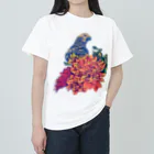 愉快なインコ達のヨウムと花 ヘビーウェイトTシャツ