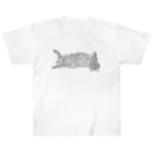 小鳥と映画館の逆さで横たわる猫ちゃん 線画 ヘビーウェイトTシャツ