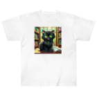 yoiyononakaの図書室の黒猫01 ヘビーウェイトTシャツ