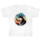 dogsdream8246のシベリアンハスキーと夕日 ヘビーウェイトTシャツ