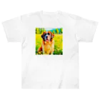 犬好きのしましまの水彩画の犬 花畑のセントバーナードのイラスト Heavyweight T-Shirt