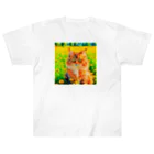 猫好きの谷の猫の水彩画/花畑のサイベリアンねこのイラスト/キジトラネコ Heavyweight T-Shirt